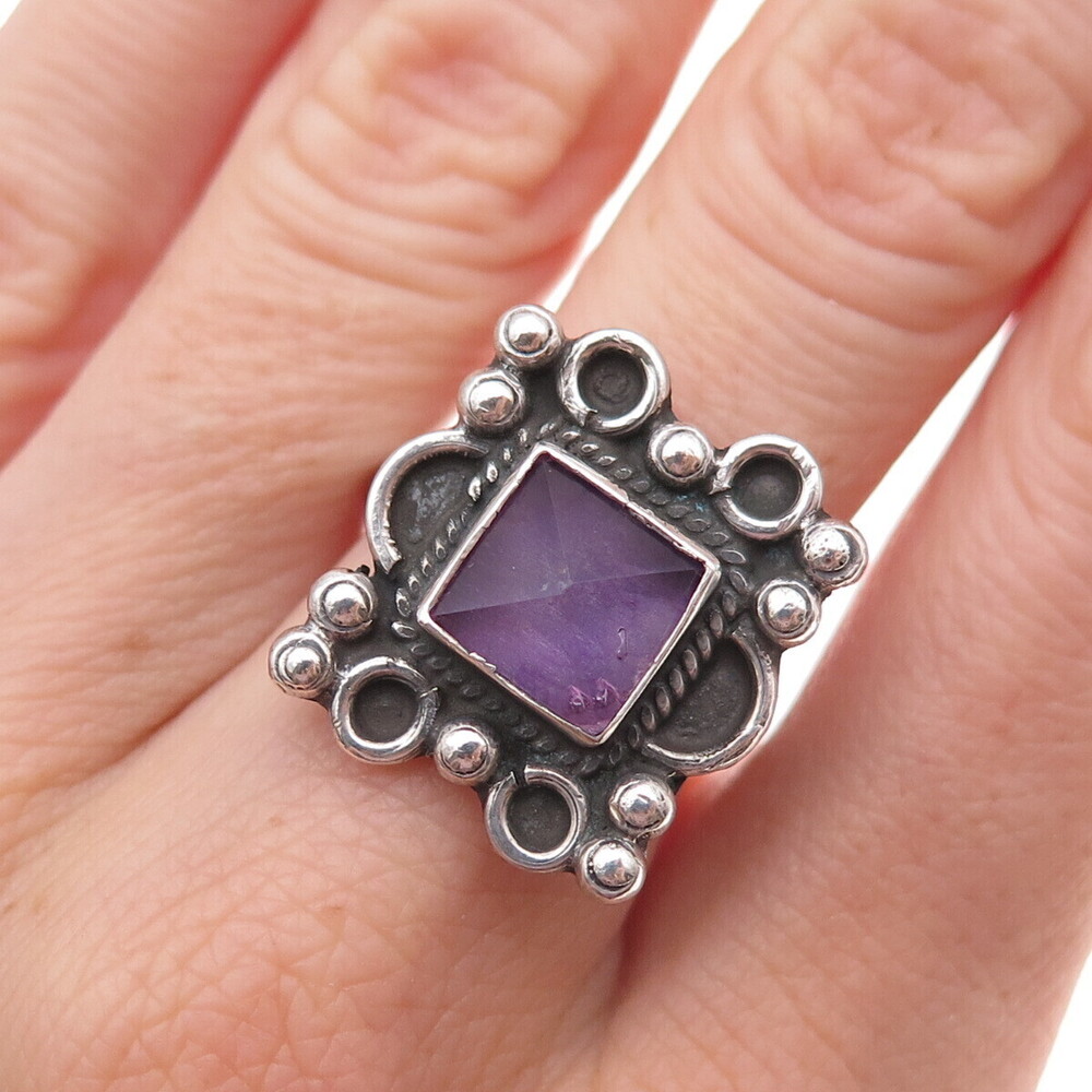 925 Sterling Silver Vintage Mexico Real Amethyst Oxidized Ring Size 6.75